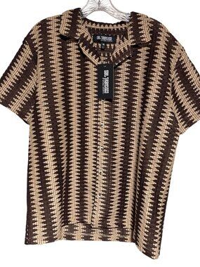 San Francisco Work Shirts Brown Tan Crochet Patterned Button Up Camp Shirt